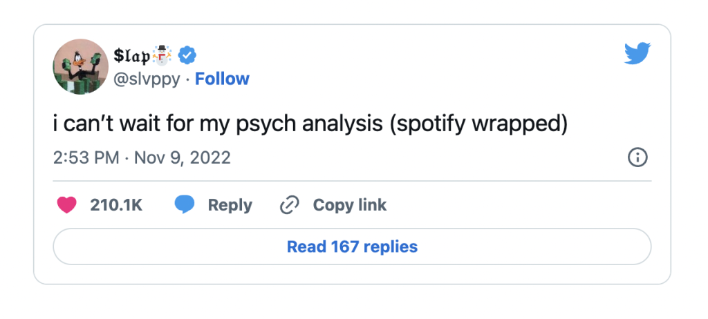 A screenshot of a tweet from @slvppy that reads, 'i can't wait for my psych analysis (spotify wrapped).'