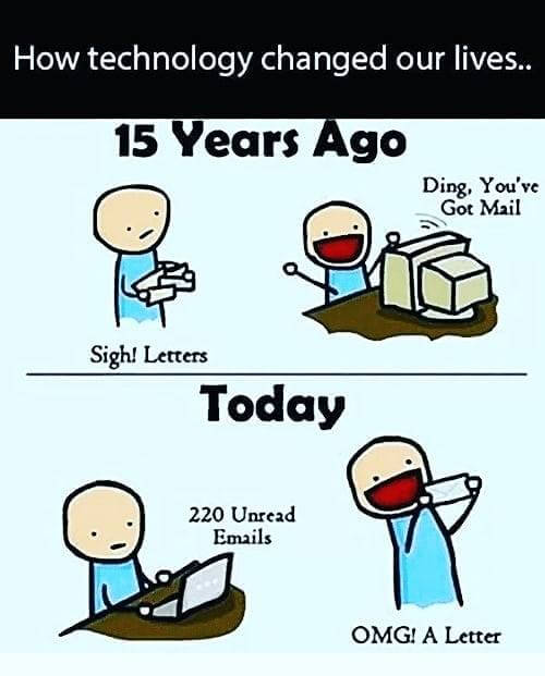 A two frame cartoon with the title, 'How technology changed our lives.' In the first frame is the heading, '15 years ago.' A stick figure on the left holds a stack of envelopes with a sad face and a stick figure on the right sits at a computer with hands in the air and an excited expression. Next to the computer is text that reads, 'ding, you've got mail.' In the bottom frame is a stick figure on the left with a sad face that sits at a computer. Next to the computer is text that reads, '220 unread emails.' On the right is a stick figure with a large smile that holds an envelope in front of its face. Below the stick figure is text that reads, 'OMG! A letter.'