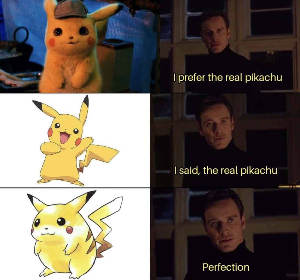 New Pikachu next to text saying "I prefer the real Pikachu". Below is a picture of an older Pikachu with text saying "I said, the real Pikachu". The bottom image is of the original Pikachu sprite with text saying "perfection".