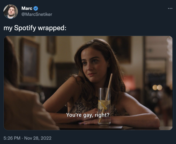 A screenshot of a tweet from @MarcSnetiker with text that reads, 'my spotify wrapped:' overtop an image of a girl at a table with a lemon water drink in front of her. She crosses her arms on the table and looks to the left at her table mate with a smirk. Below her is text that reads, 'You're gay, right?'